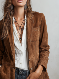 Veste en Suède Écologique avec Couture Contrastée Rétro