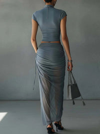 Jacqueline | Ensemble t-shirt court bleu et jupe drapée en tulle transparent