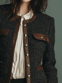 Veste en Tweed avec Détails en Cuir Vintage Classique