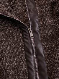 Veste en Tricot Côtelé à Fermeture Éclair Asymétrique Marron