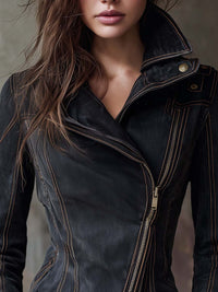 Veste de Moto en Denim Vintage Lavé – Bord Charbon