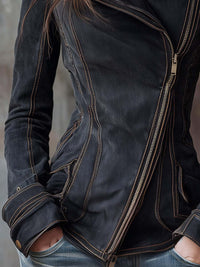 Veste de Moto en Denim Vintage Lavé – Bord Charbon