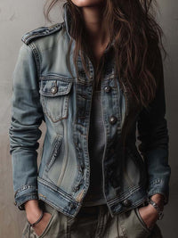 Veste en Denim Utilitaire Lavée et Décolorée avec Épaulières