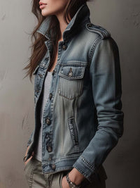 Veste en Denim Utilitaire Lavée et Décolorée avec Épaulières