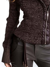Veste en Tricot Côtelé à Fermeture Éclair Asymétrique Marron