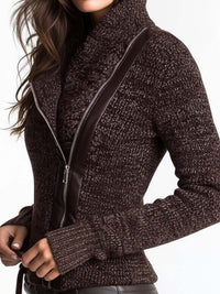 Veste en Tricot Côtelé à Fermeture Éclair Asymétrique Marron