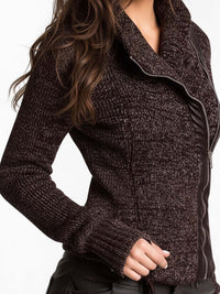 Veste en Tricot Côtelé à Fermeture Éclair Asymétrique Marron