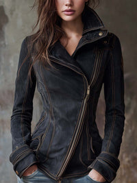 Veste de Moto en Denim Vintage Lavé – Bord Charbon