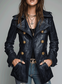 Veste en simili cuir noir vintage à double boutonnage