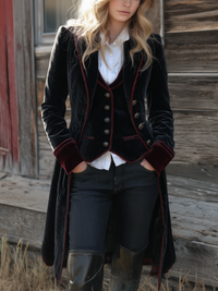 Veste Longue en Velours avec Bord Contrasté Vintage
