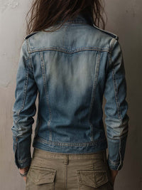 Veste en Denim Utilitaire Lavée et Décolorée avec Épaulières