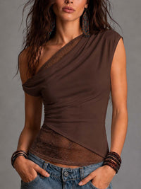 Haut Ajusté Ruché en Dentelle Asymétrique à Une Épaule Boho