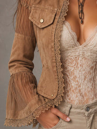 Veste Longue à Manches Longues en Dentelle Vintage Boho avec Poches et Patchwork