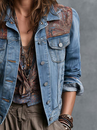 Veste en Jean Boho avec Panneaux Épaules Paisley