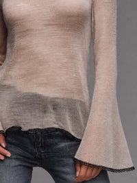 Haut en mesh transparent à manches longues évasées avec bordure en dentelle contrastante boho