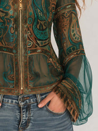Veste courte à zip intégral en mesh transparent avec col imprimé paisley boho et manches évasées