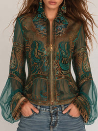 Veste courte à zip intégral en mesh transparent avec col imprimé paisley boho et manches évasées