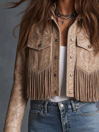 Veste Croppée en Similicuir avec Franges Western