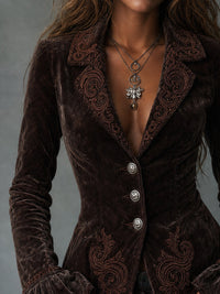 Veste en Velours Chocolat Brodée avec Volants