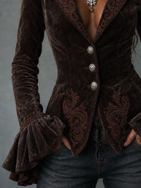 Veste en Velours Chocolat Brodée avec Volants