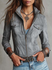 Veste Zippée en Denim Lavé Gris Clair Bloho