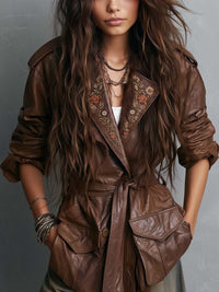 Veste à taille nouée en broderie florale marron bohème