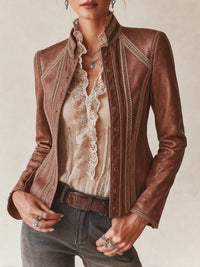 Veste Vintage Écologique en PU pour Femme avec Finition en Dentelle au Crochet