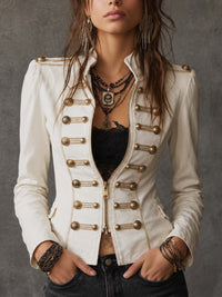 Veste militaire ajustée en tissu tissé avec col montant, épaulettes, garniture de boutons en or antique et fermeture éclair