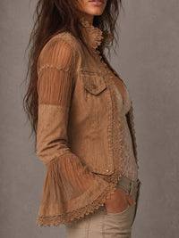 Veste Longue à Manches Longues en Dentelle Vintage Boho avec Poches et Patchwork