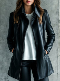 Veste en faux cuir simple à col pour femmes