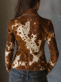 Veste Slim en Suède Imprimé Vache à Col Montant Vintage