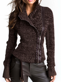 Veste en Tricot Côtelé à Fermeture Éclair Asymétrique Marron