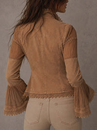 Veste Longue à Manches Longues en Dentelle Vintage Boho avec Poches et Patchwork