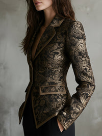 Blazer Ajusté à Revers Enveloppés en Jacquard Paisley de Luxe Silencieux
