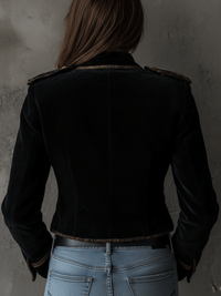 Blazer Militaire Retro en Velours Noir avec Détails en Boutons Dorés