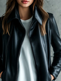 Veste en faux cuir simple à col pour femmes