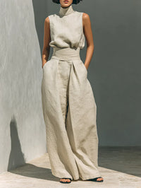 Julie | Ensemble deux pièces beige en lin avec haut sans manches et pantalon large