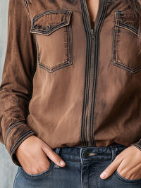 Veste Chemise Utilitaire à Zip avec Couture Contrastée Vintage Marron Lavé