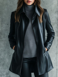 Veste en faux cuir simple à col pour femmes