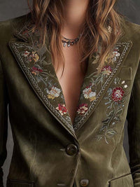 Blazer en Velours Vert Olive avec Broderies Florales Intriquées