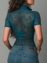 Blouse Slim-fit à Manches Courtes Imprimée Vintage avec Fermeture Éclair Frontal
