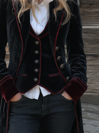 Veste Longue en Velours avec Bord Contrasté Vintage