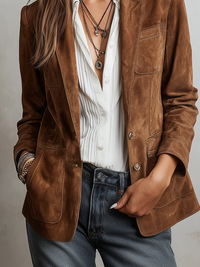 Veste en Suède Écologique avec Couture Contrastée Rétro