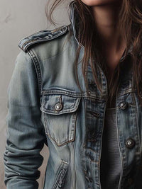 Veste en Denim Utilitaire Lavée et Décolorée avec Épaulières