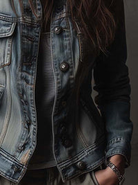Veste en Denim Utilitaire Lavée et Décolorée avec Épaulières