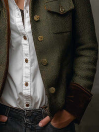 Blazer en Tweed Herringbone Vintage avec Finitions en Velours