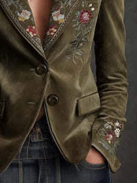 Blazer en Velours Vert Olive avec Broderies Florales Intriquées