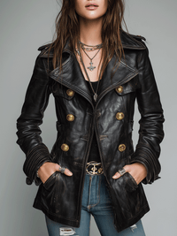 Veste en simili cuir noir vintage à double boutonnage