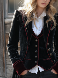 Veste Longue en Velours avec Bord Contrasté Vintage