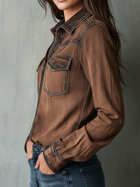 Veste Chemise Utilitaire à Zip avec Couture Contrastée Vintage Marron Lavé